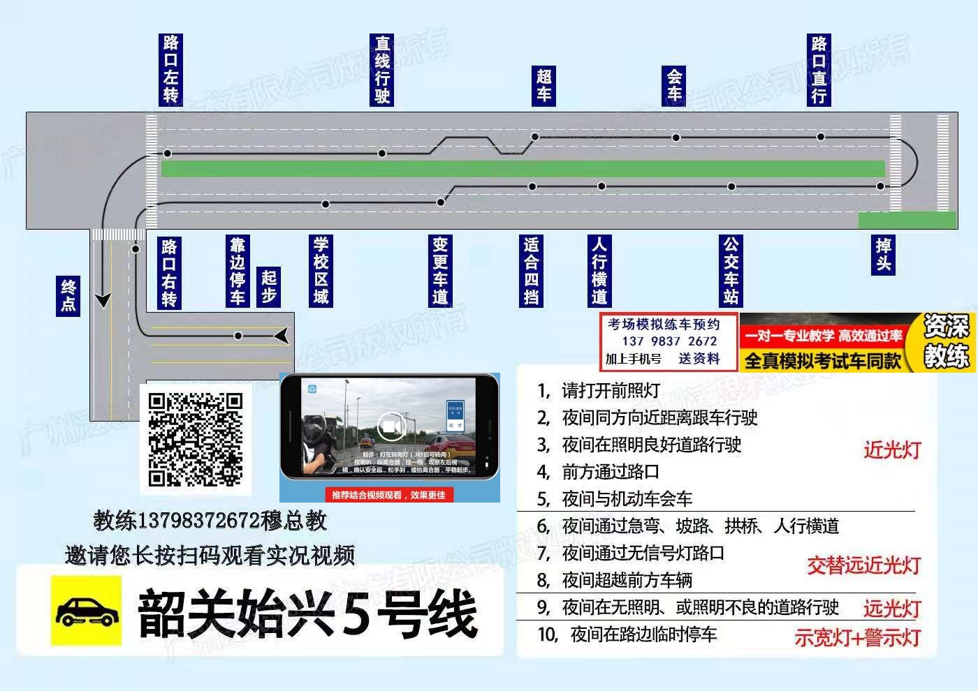 韶關始興科目三考場考試視頻教學模擬練車路線圖注意事項技巧流程詳細